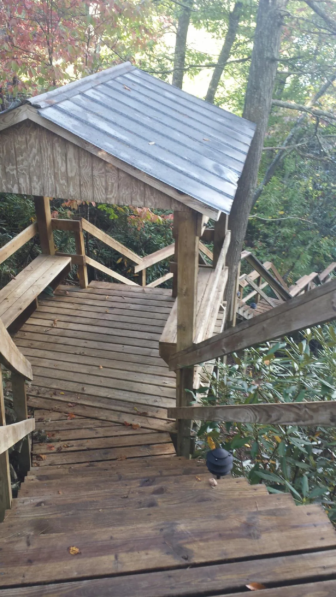 Metal roofed shelter over wooden steps on a wooded walkway — Skylight Repair & Installation work by our crew in Hood